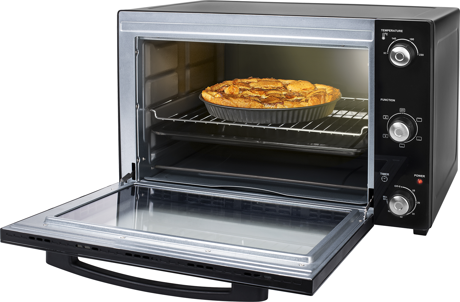 Een oven met de deur open en een taart erin op een rek.