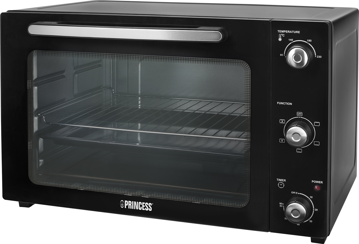 Een zwarte Princess oven met glazen deur, zilveren handgreep en bedieningselementen op het voorpaneel.