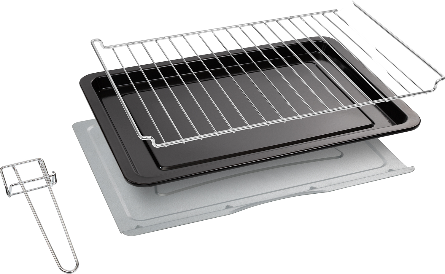 Ovenonderdelen: rooster, bakplaat en lekbak, allemaal gescheiden.