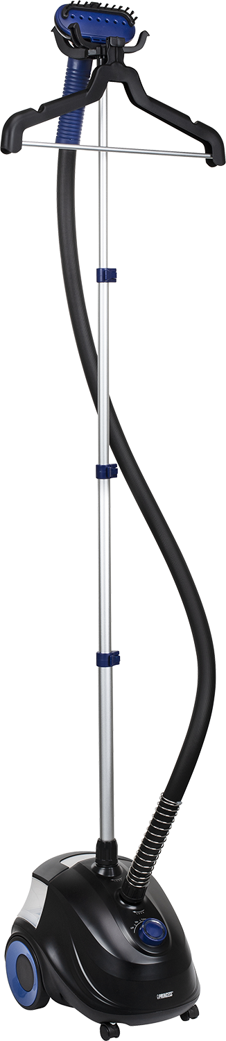 Een zwarte en blauwe kledingstomer met een hanger en een watertank op wielen.