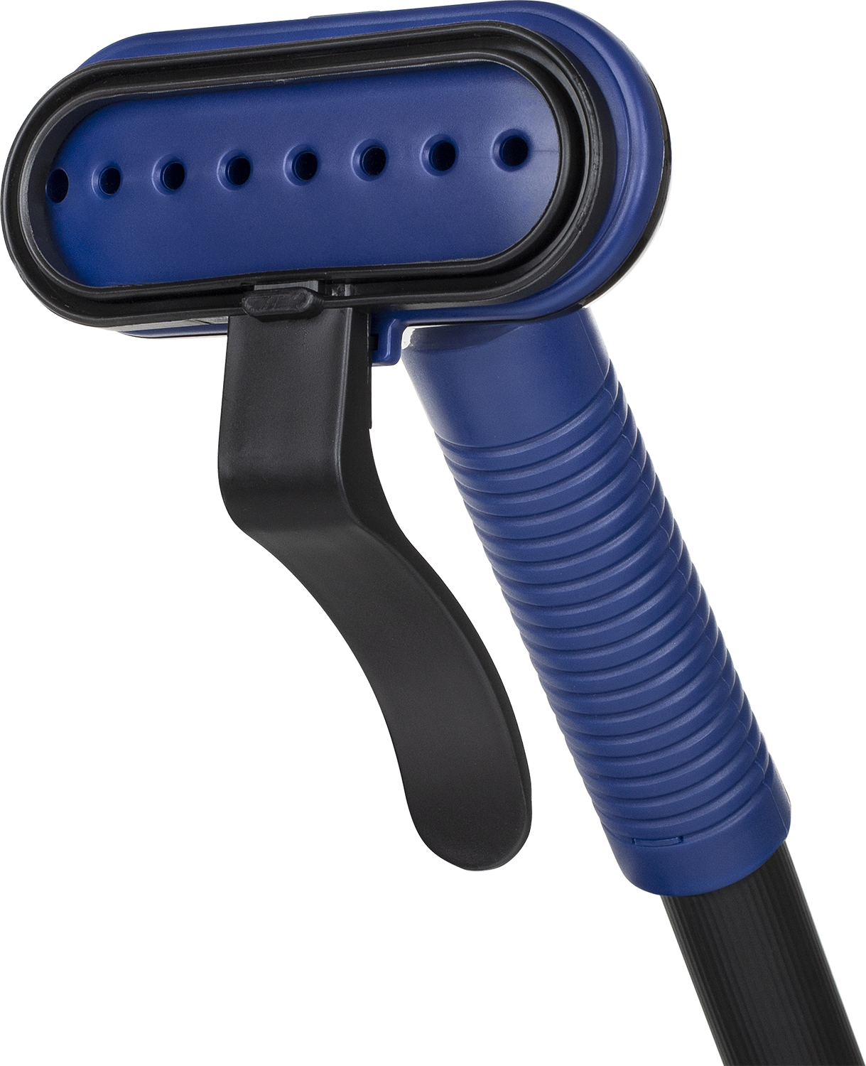 Blauwe en zwarte kledingstoomkop met een handvat en een knop.
