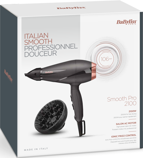 Verpackter BaByliss Haartrockner mit Diffusor, schwarz und roségold, weißer Hintergrund.