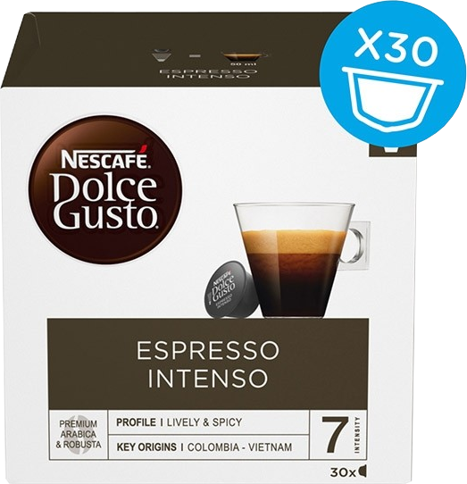 Scatola di capsule espresso Dolce Gusto con una tazza di caffè sul davanti.