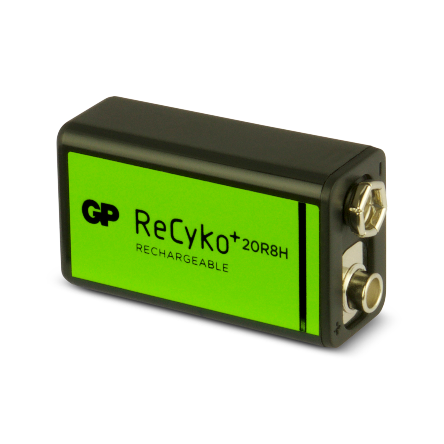 A 9V rechargeable battery with green label. The text on it says GP ReCyko+ 20R8H.