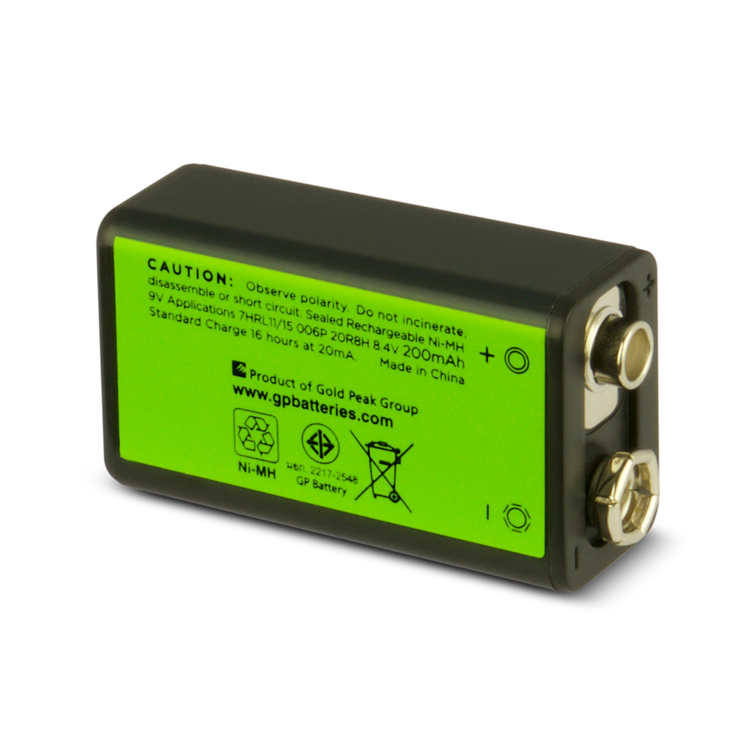 Black 9V battery with green label and caution text, showing positive and negative terminals.