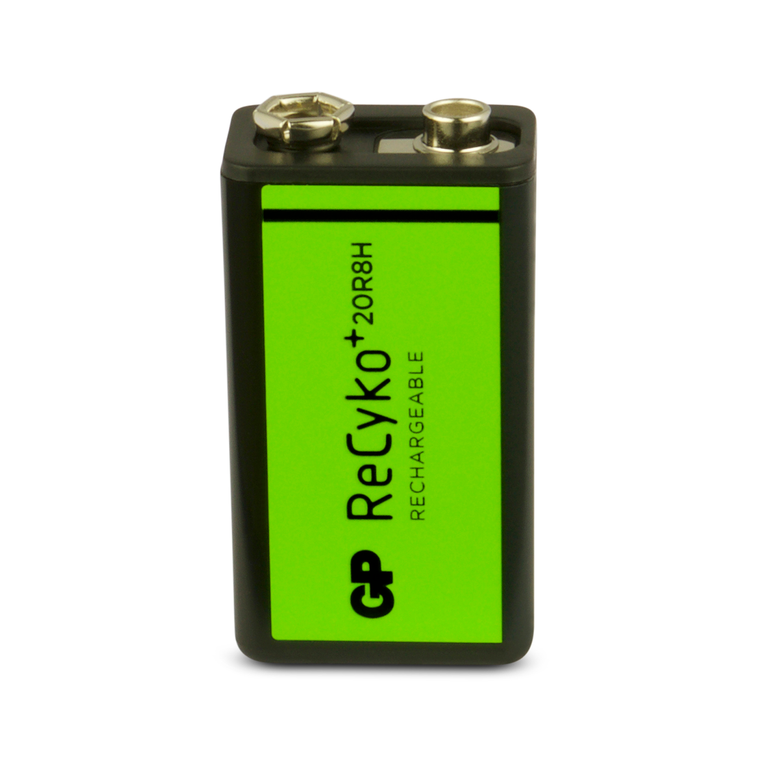 A black and green 9V rechargeable battery with a green label and white background.