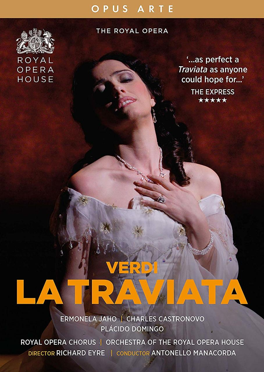 Opernplakat: Frau in weißem Kleid mit Perlenkette. Text: La Traviata, Verdi, Royal Opera.