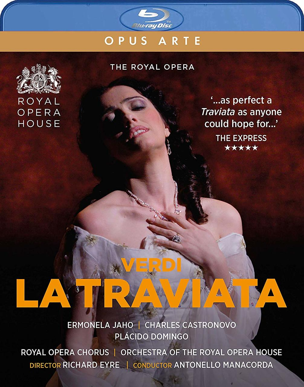 Blu-ray-Cover für die Oper 'La Traviata'. Mit einer Frau in einem Kleid, Text und Logo.