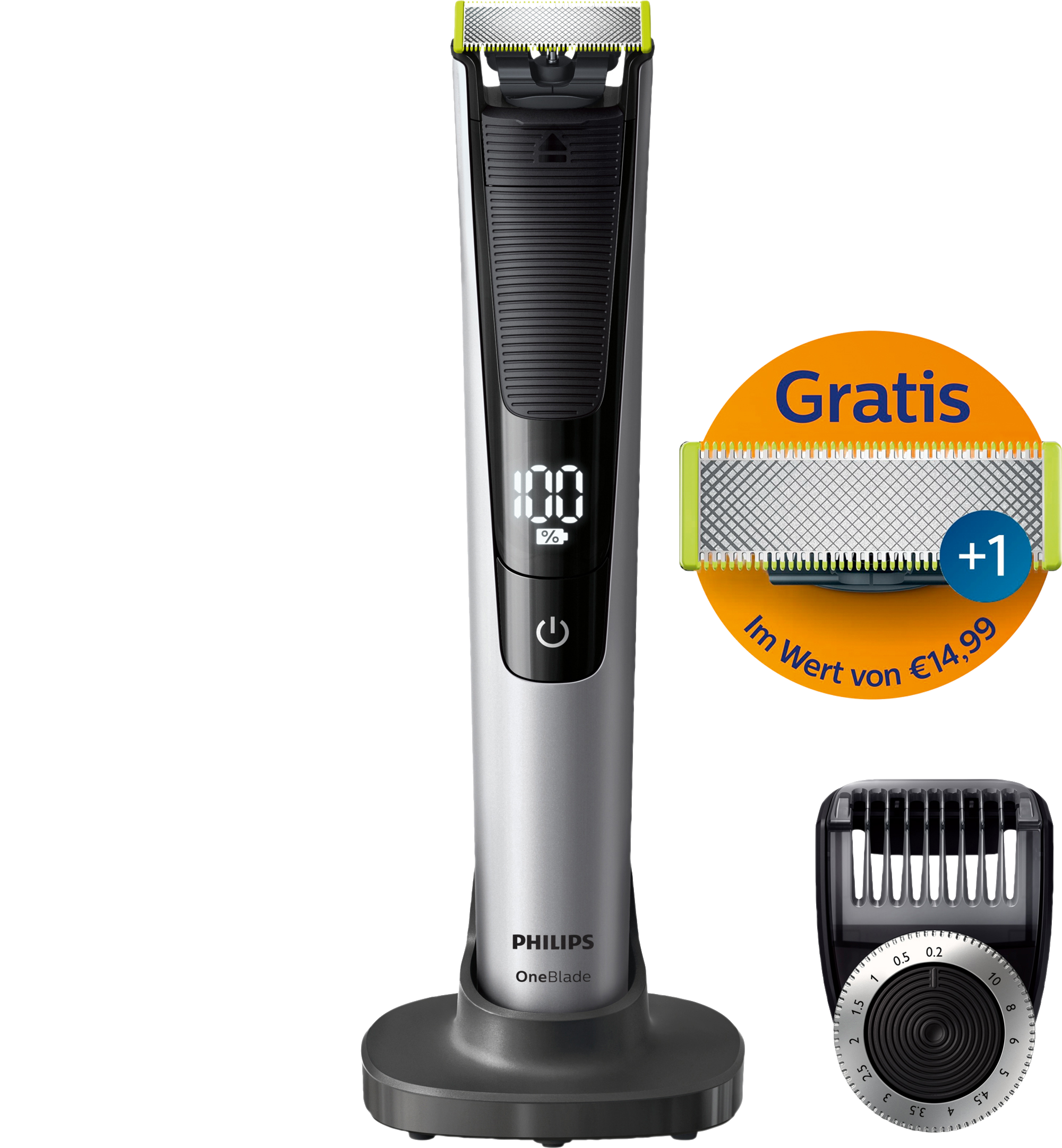 PHILIPS OneBlade Pro QP6520/60 Trimmen, Stylen, Rasieren (14 Stufen) + Ersatzklinge, silber Barttrimmer QP6520 mit Ersatzklinge