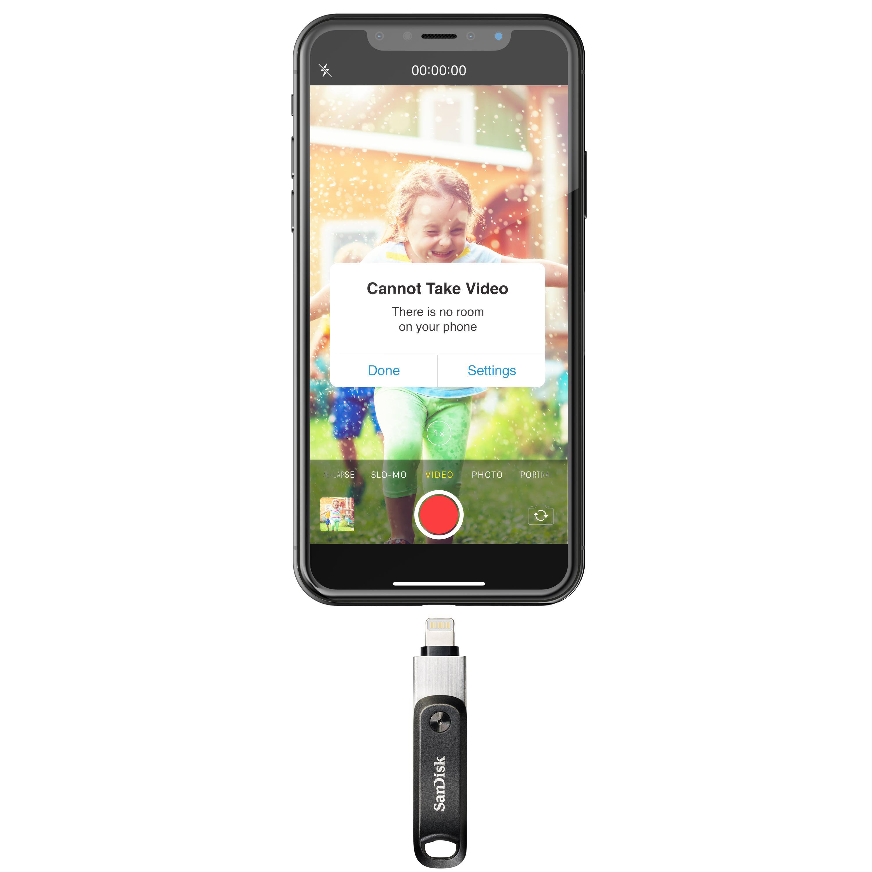 Telefon zeigt 'Video kann nicht aufgenommen werden', mit USB-Laufwerk verbunden.
