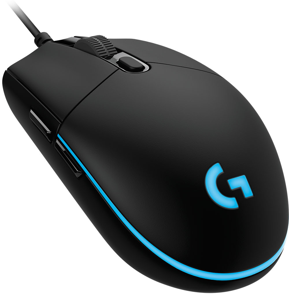 Fekete gamer egér kék világítással és megvilágított G betűvel.