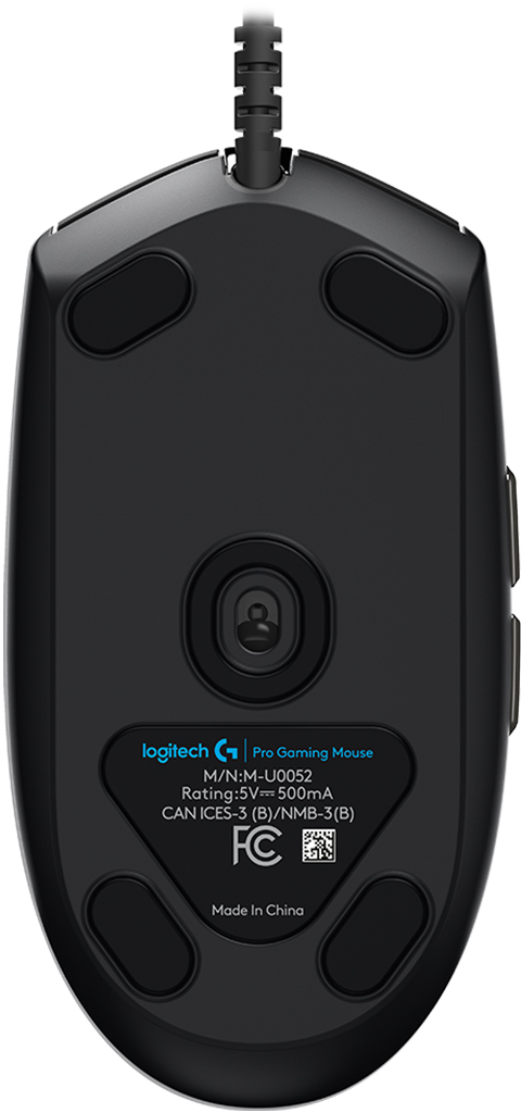 Gaming egér alja, fekete. Logitech Pro Gaming Mouse, címkékkel és gumipárnákkal. Kínában készült.