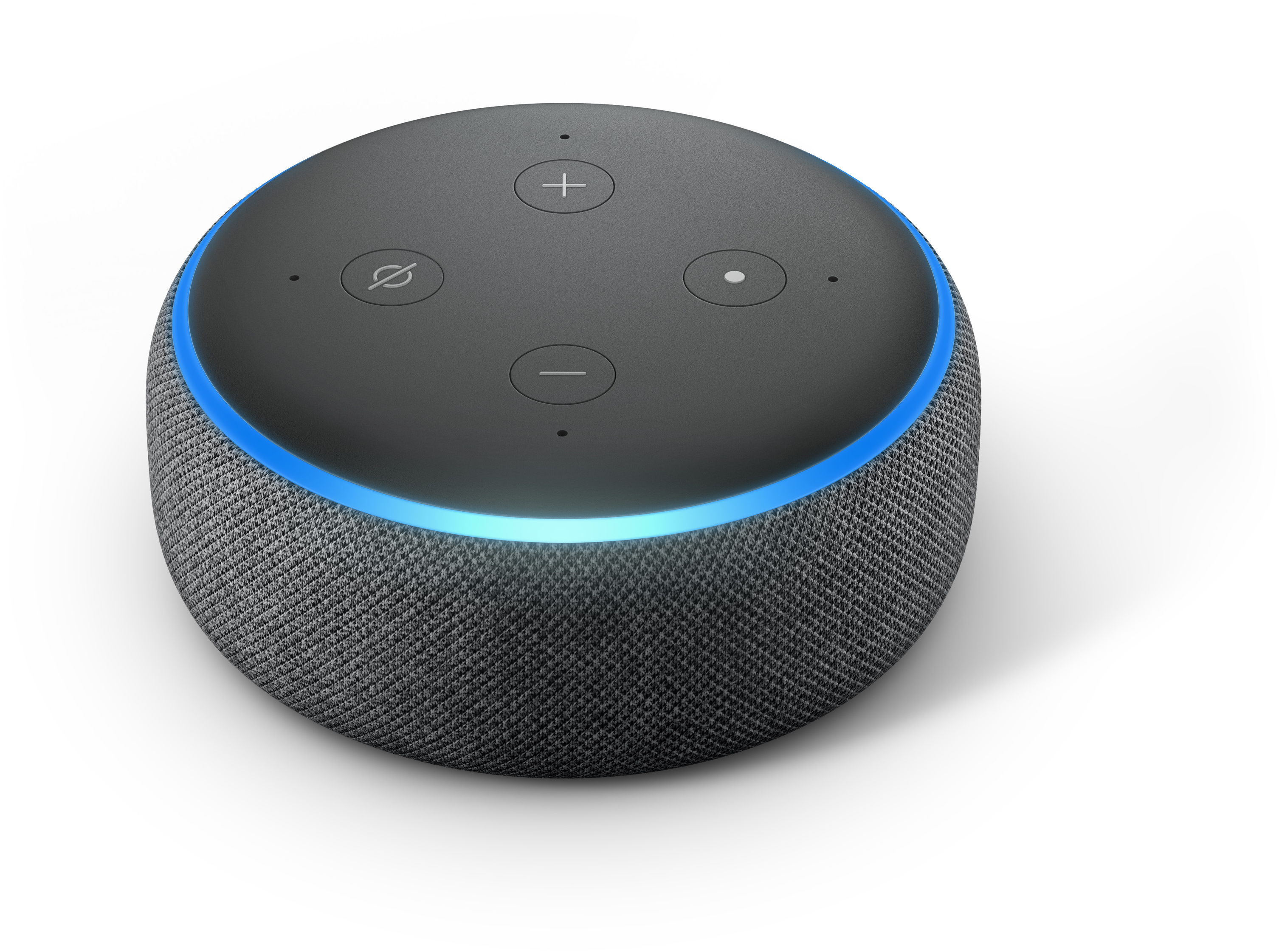 Schwarzer Amazon Echo Dot Lautsprecher mit blau leuchtendem Ring.