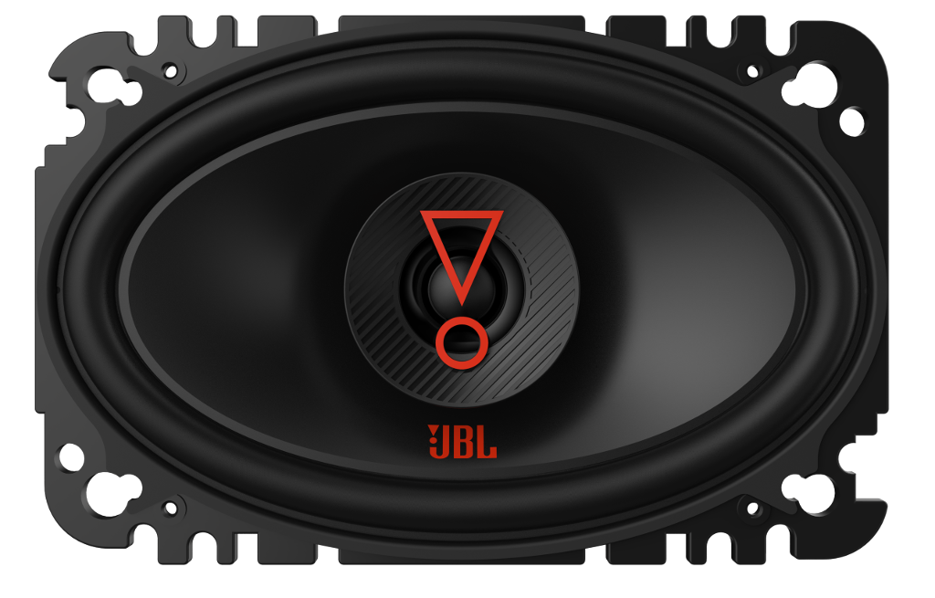 Fekete hangszóró piros JBL logóval és fekete középponttal. A hangszóró ovális alakú.