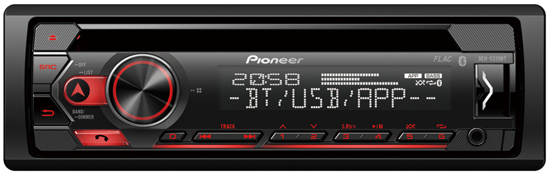 Autoradio mit roten und schwarzen Tasten und einem digitalen Display mit Informationen.