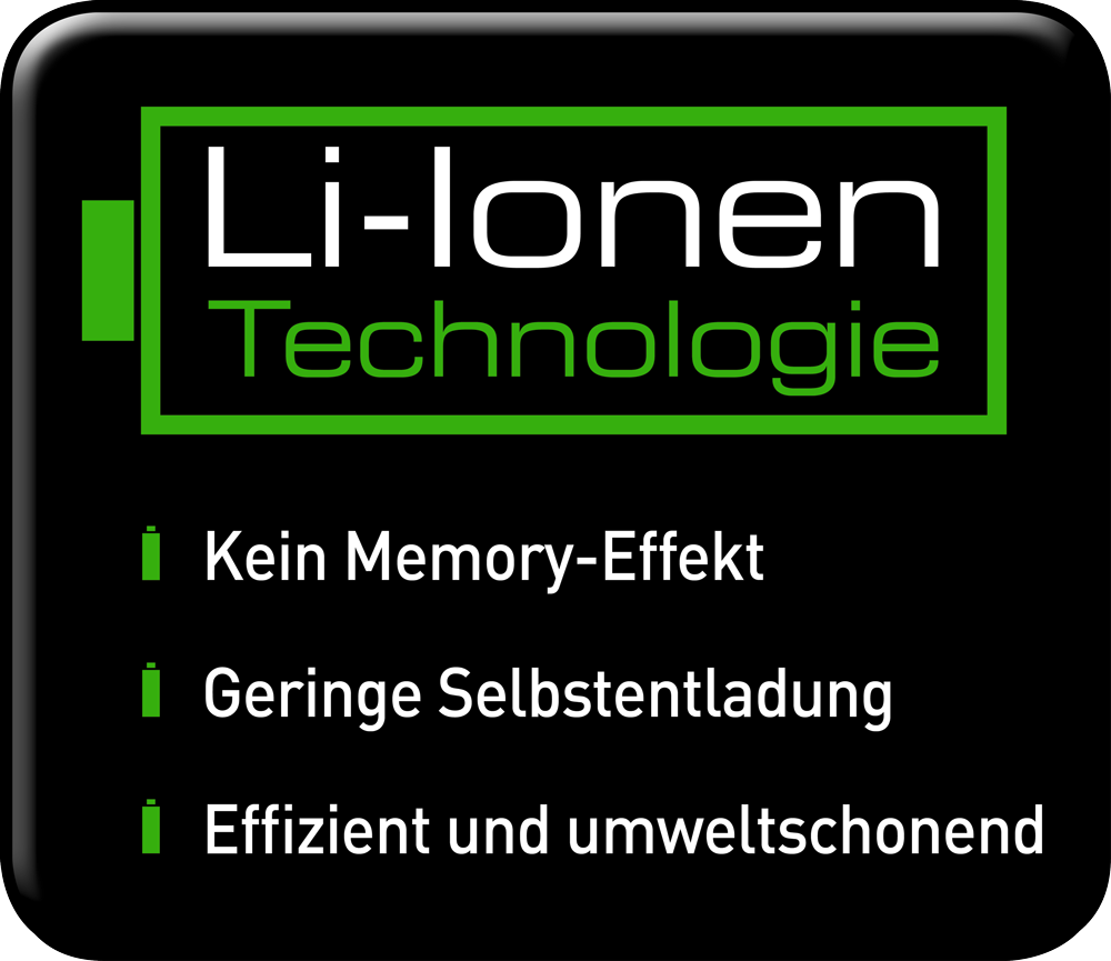 Ein schwarz-grünes Li-ionen Technology Schild mit Text über die Technologie.