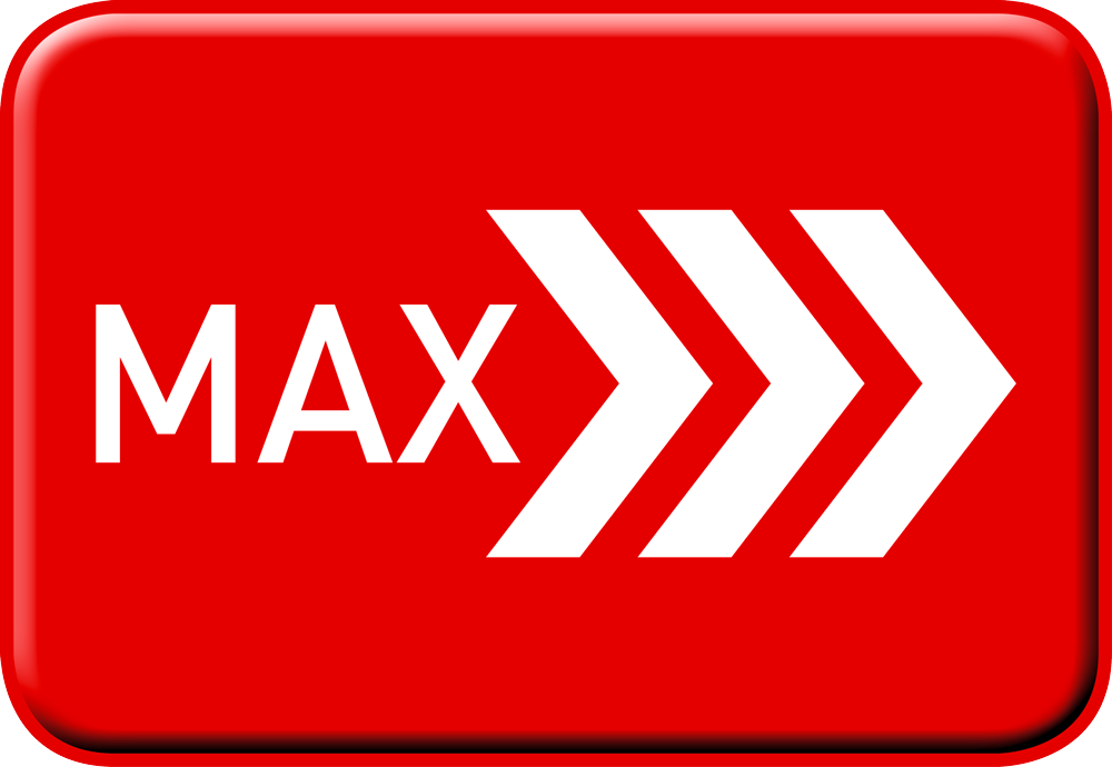 Roter Knopf mit weißem Text MAX und weißen Pfeilen nach rechts.