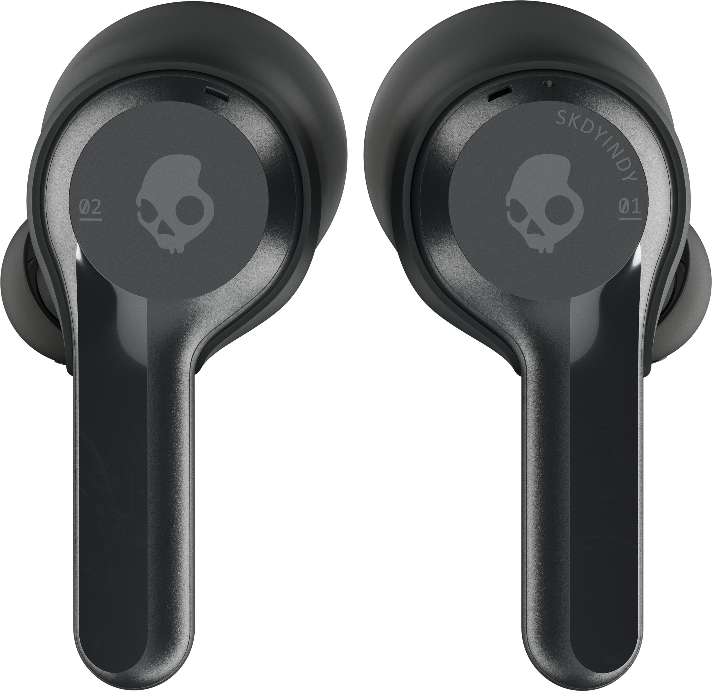 Zwei schwarze Skullcandy Indy Ohrhörer, jeder mit Totenkopf-Logo und Zahlen.