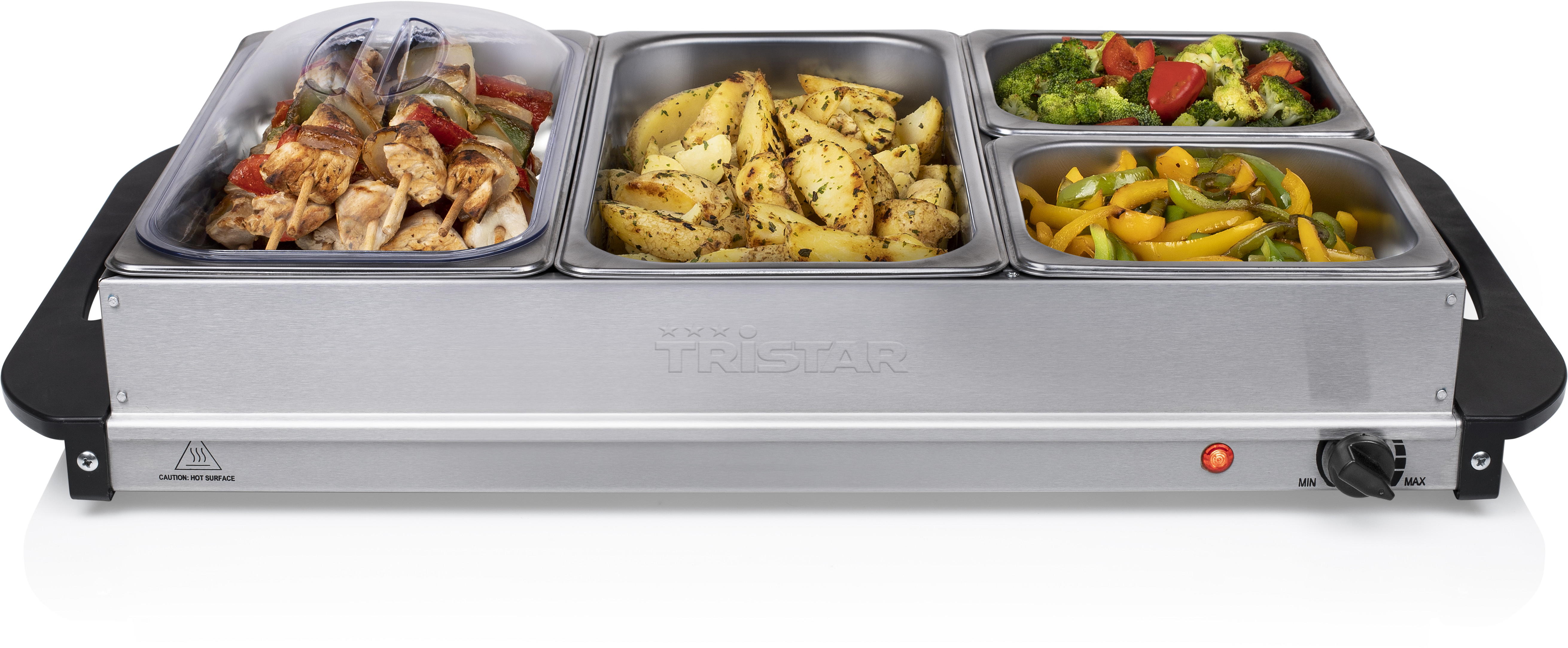 A stainless steel buffet warmer with four compartments, each with food inside.
