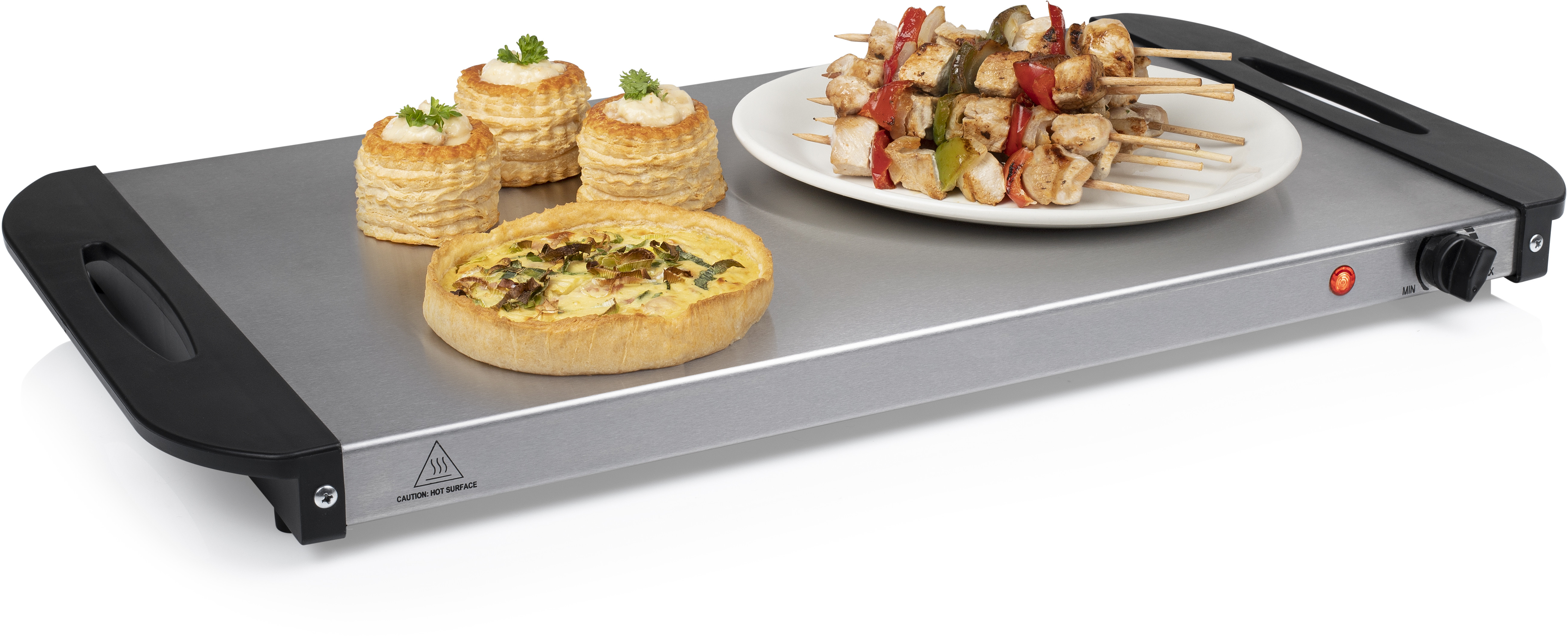 Warming tray with food: vol-au-vents, quiche, and skewers.