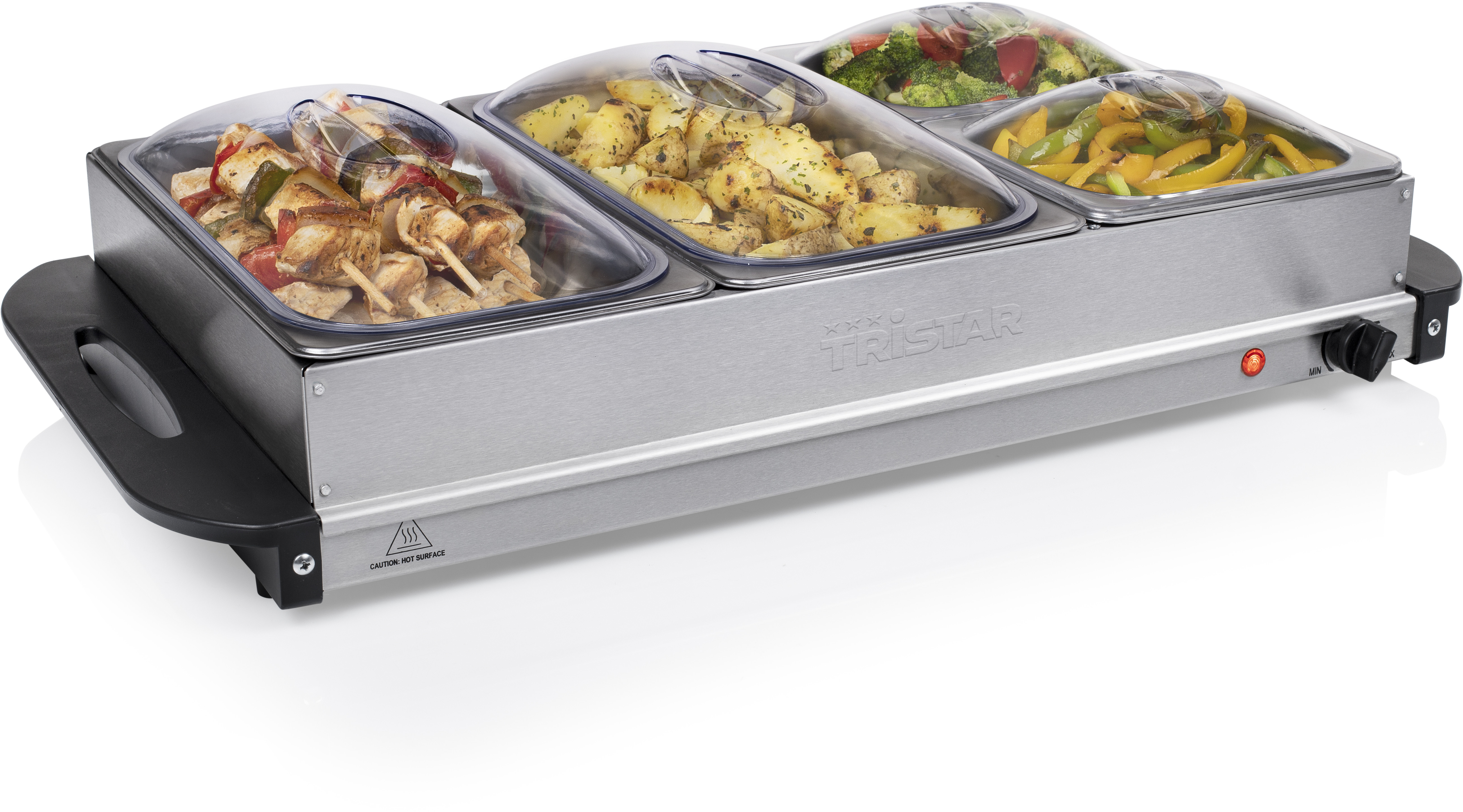 Food warmer with three sections. Contains grilled skewers, potatoes, and vegetables. 