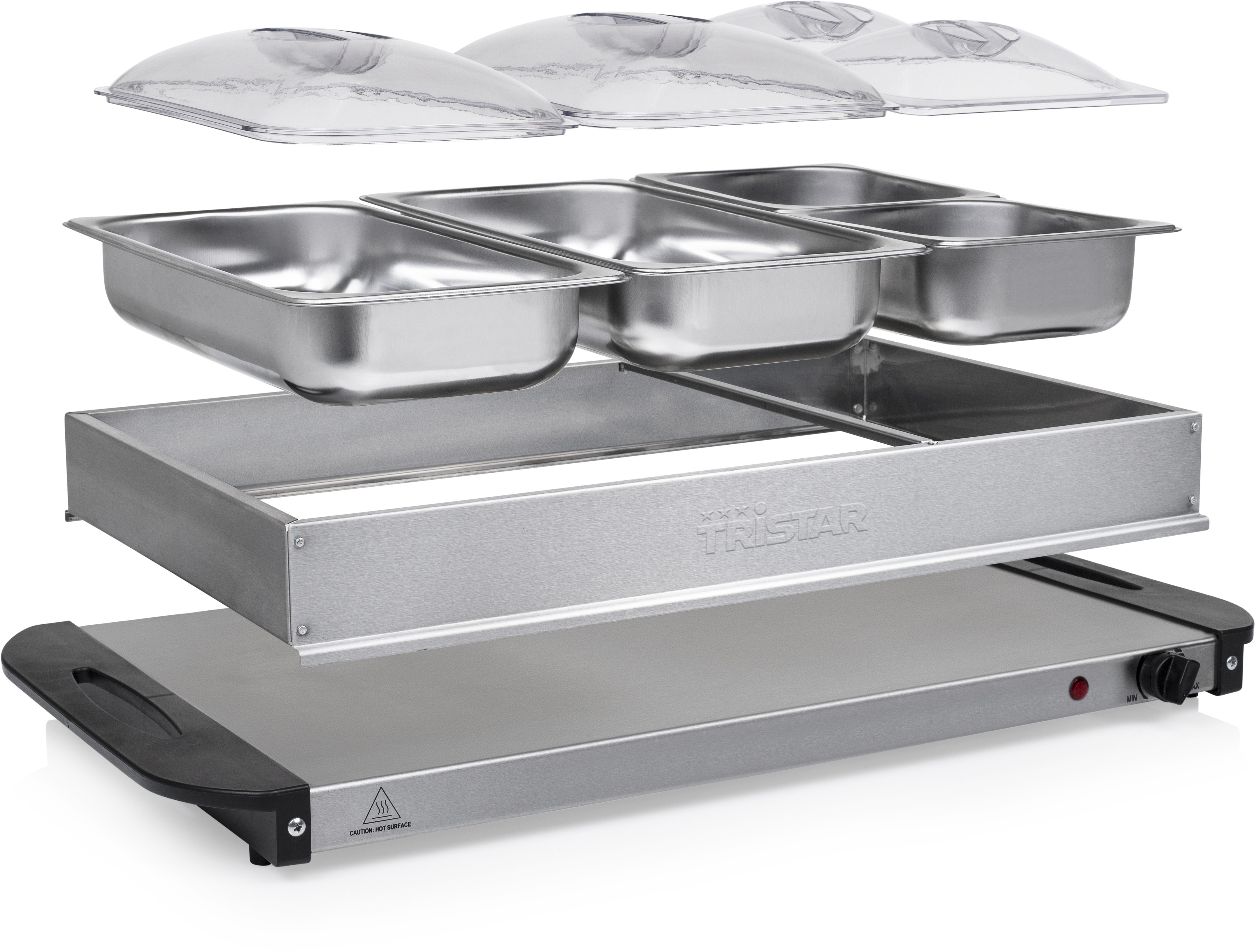 A stainless steel food warmer with three containers and clear lids, with black handles.