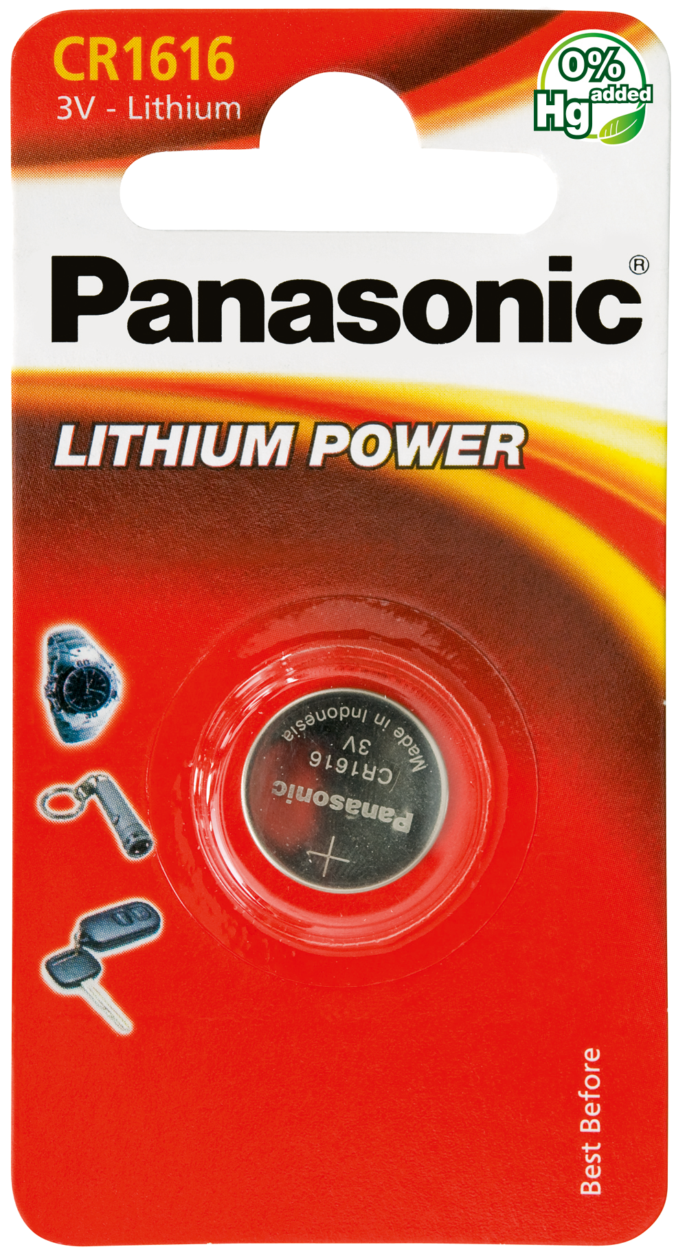 Panasonic CR1616 batterij in verpakking, met afbeeldingen van horloge, sleutel en autosleutel.
