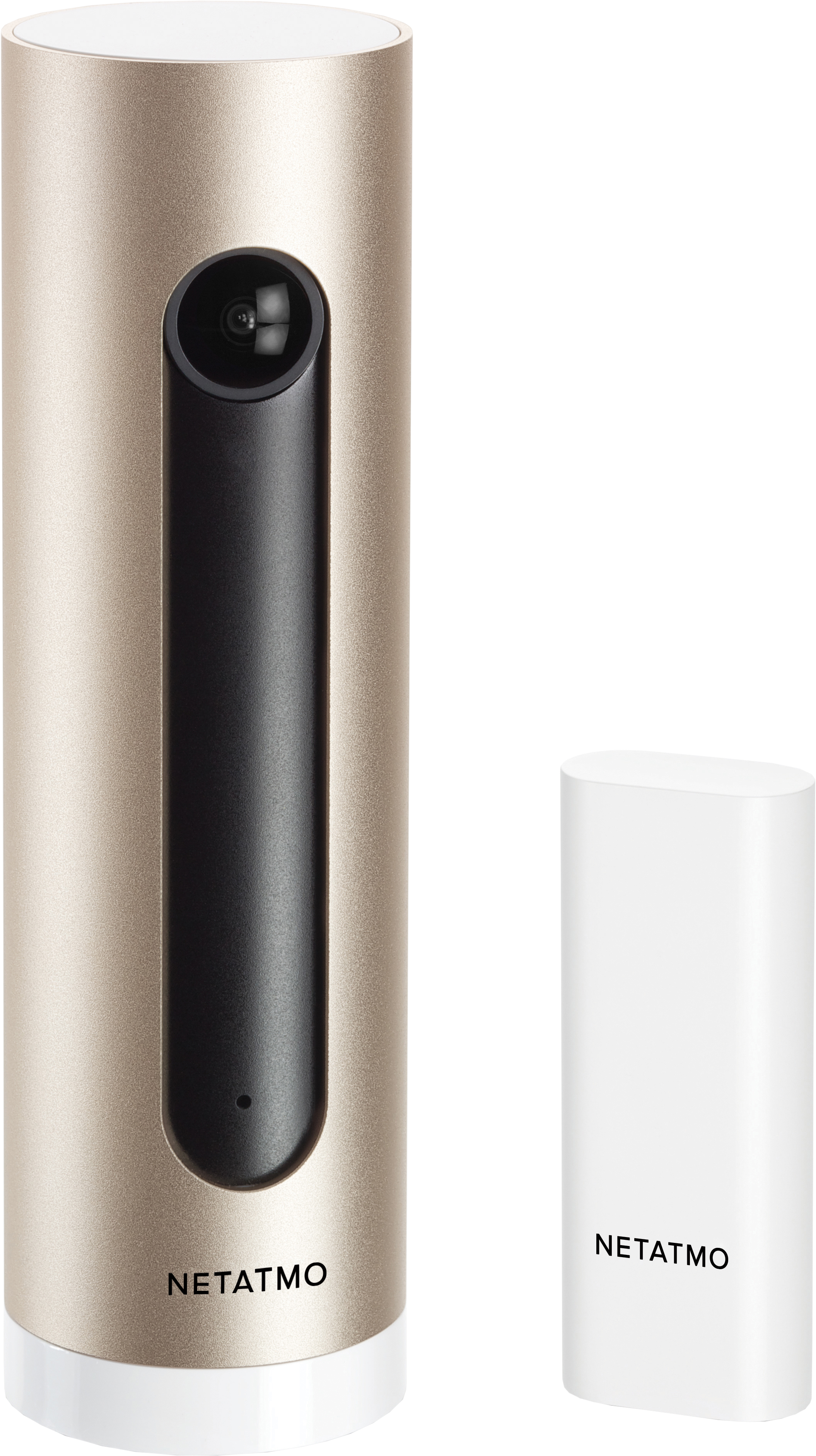 Caméra de sécurité cylindrique dorée et socle cylindrique blanc.