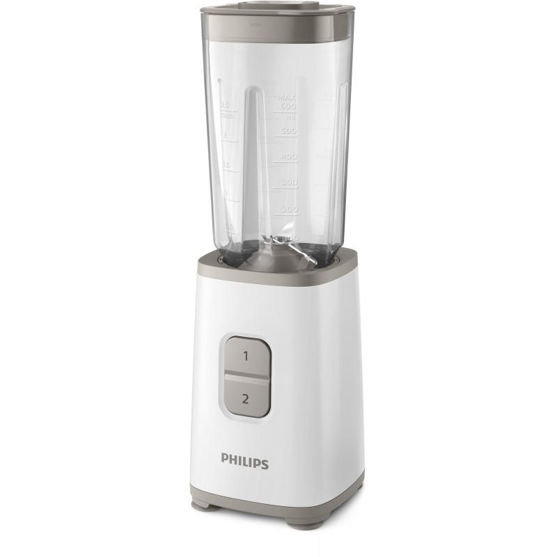 Beyaz ve gri Philips blender. Tabanında iki düğme. Şeffaf sürahi. Beyaz arka plan.