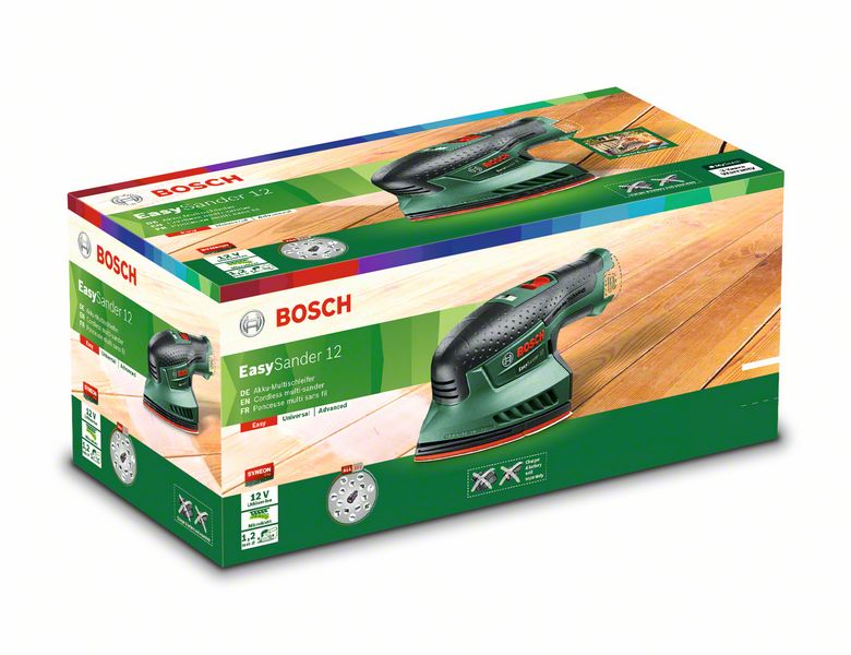 Egy Bosch EasySander 12 doboza, amely a csiszolót és annak jellemzőit mutatja.