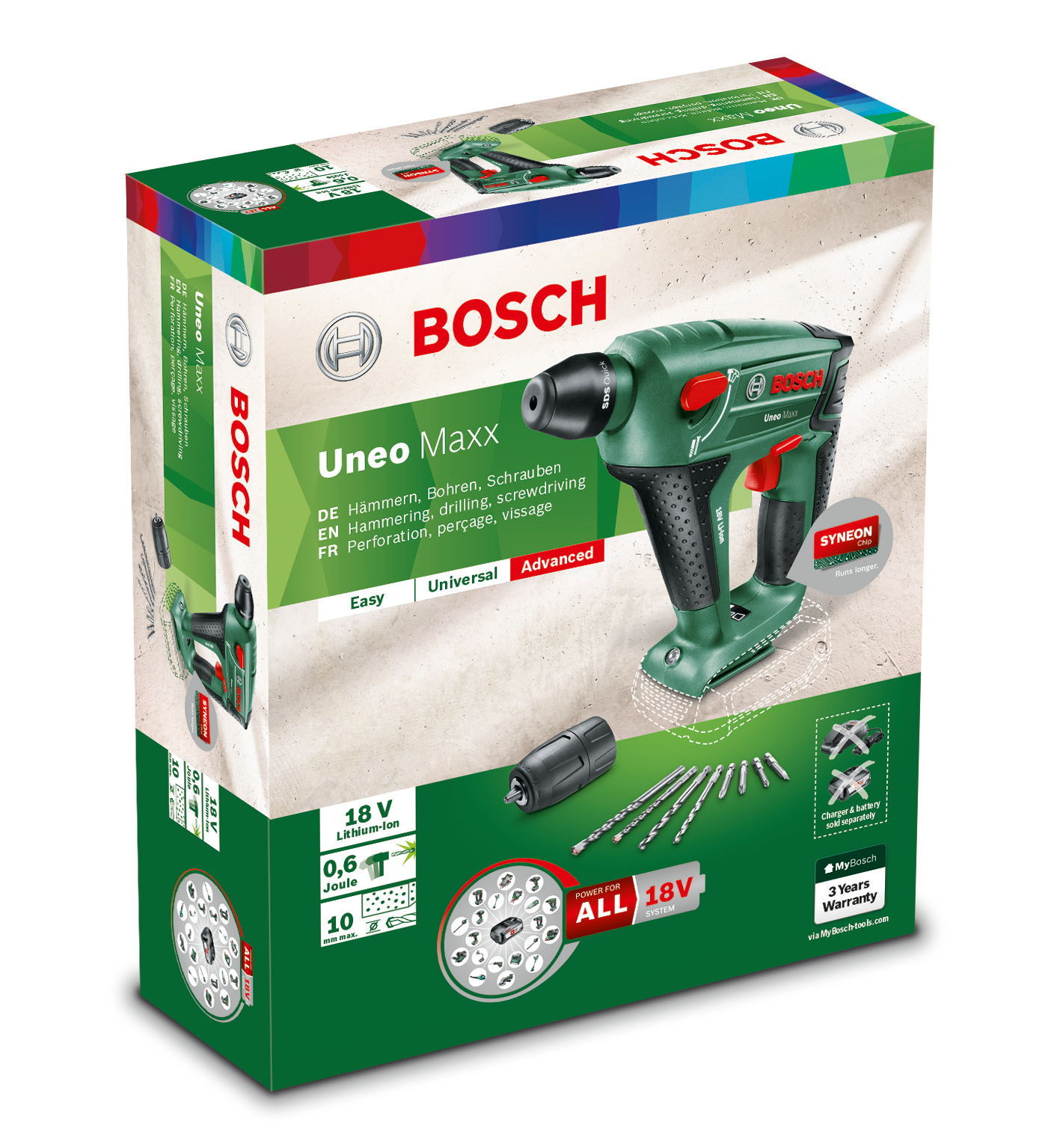 Bosch fúró doboz. Zöld és fekete fúró, szöveg több nyelven, fúrófejekkel.