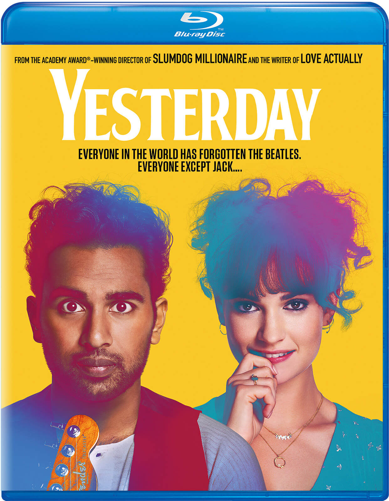 Couverture du film Yesterday : deux personnes avec une guitare sur fond jaune.