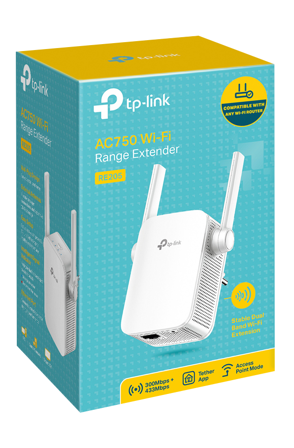 Wi-Fi hatótávolság-bővítő doboz. Fehér készülék antennákkal, terméknévvel és funkciókkal.