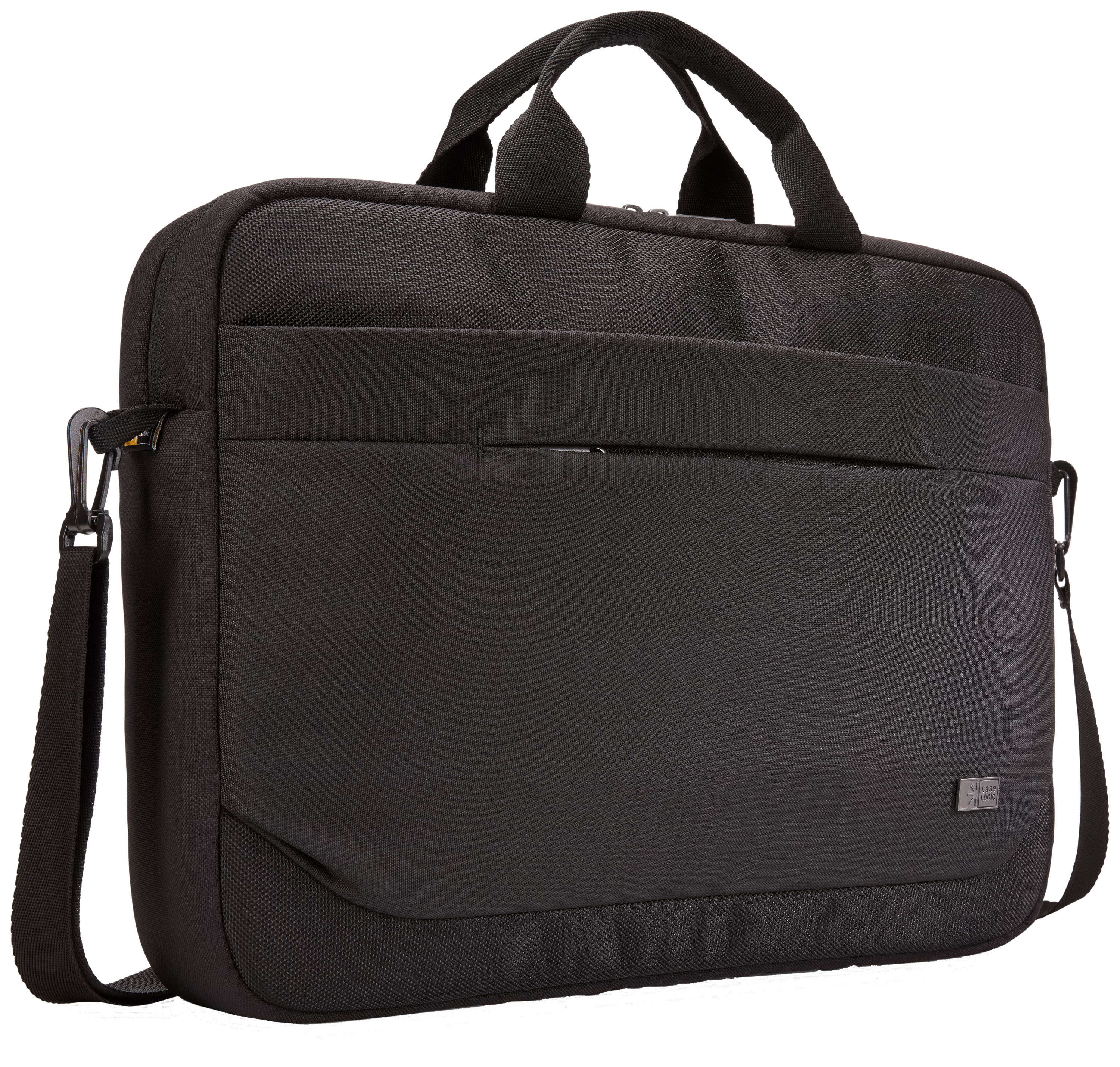 Black briefcase bag with a shoulder strap, handle, and a front pocket. 'Case Logic' logo.