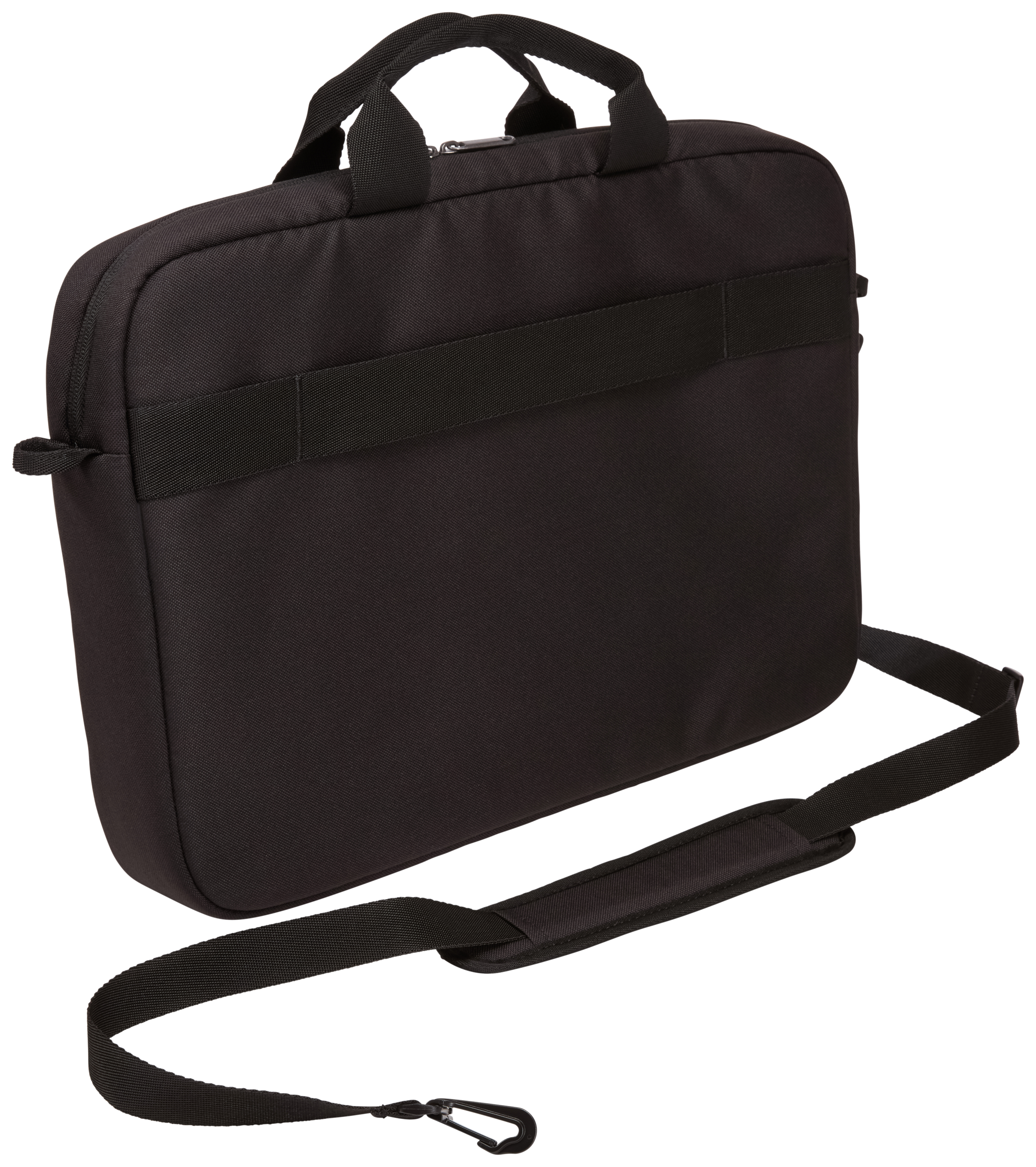 Black laptop bag with a shoulder strap. It has a zipper and a carrying handle.