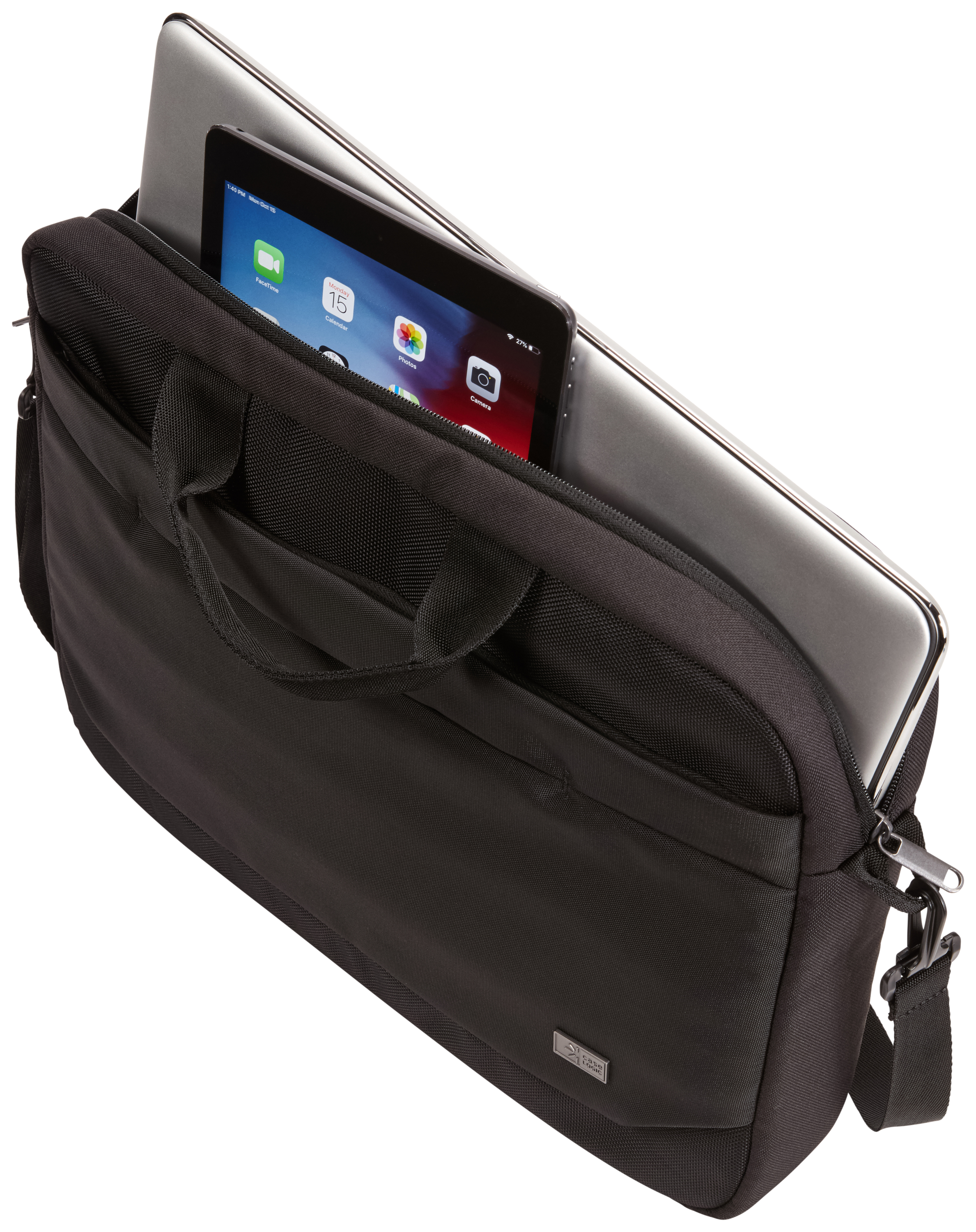 A black laptop bag with a laptop and a tablet inside. The bag has a handle and a strap.