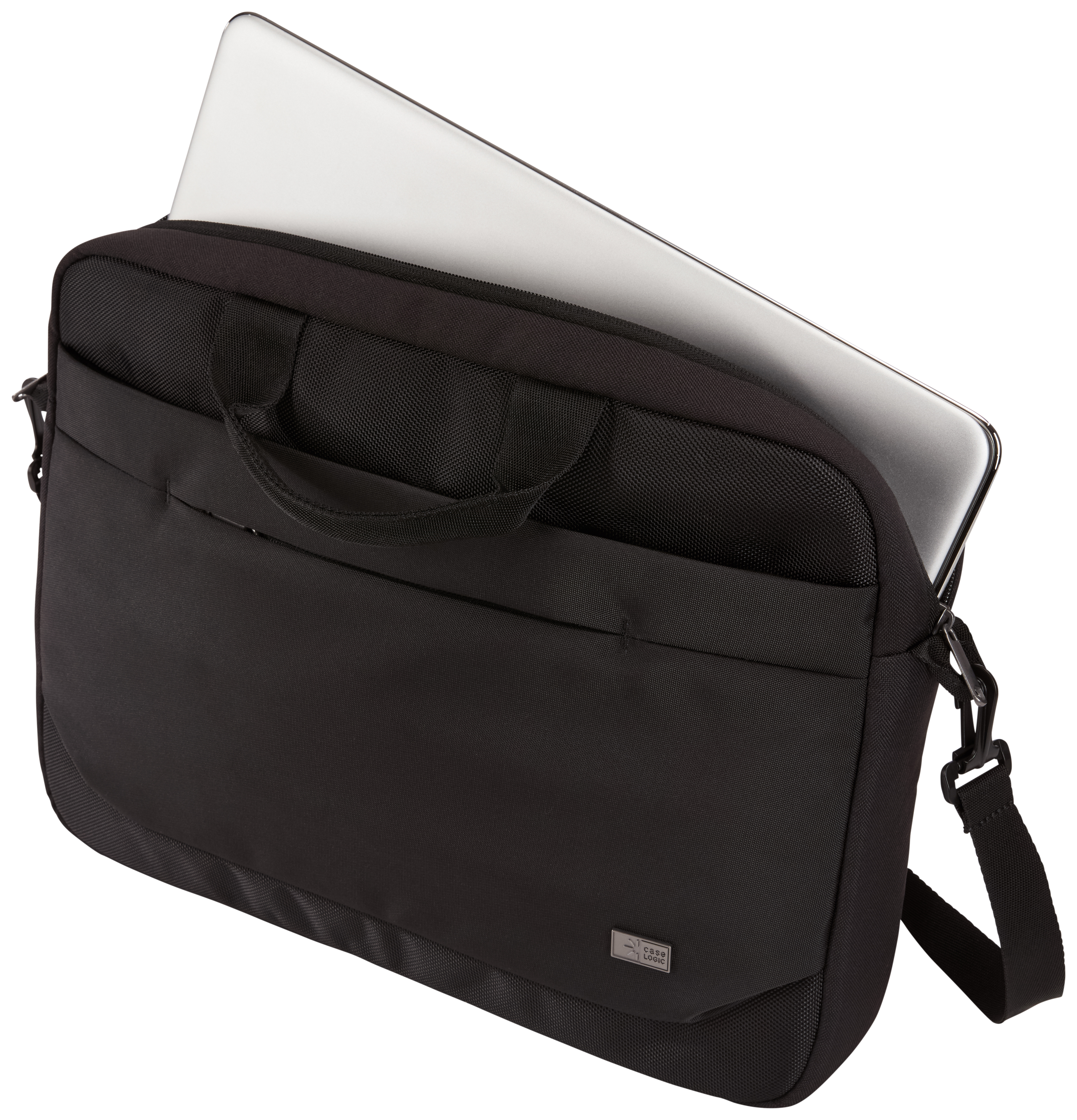 Black laptop bag with a laptop partially inside. Black background.
