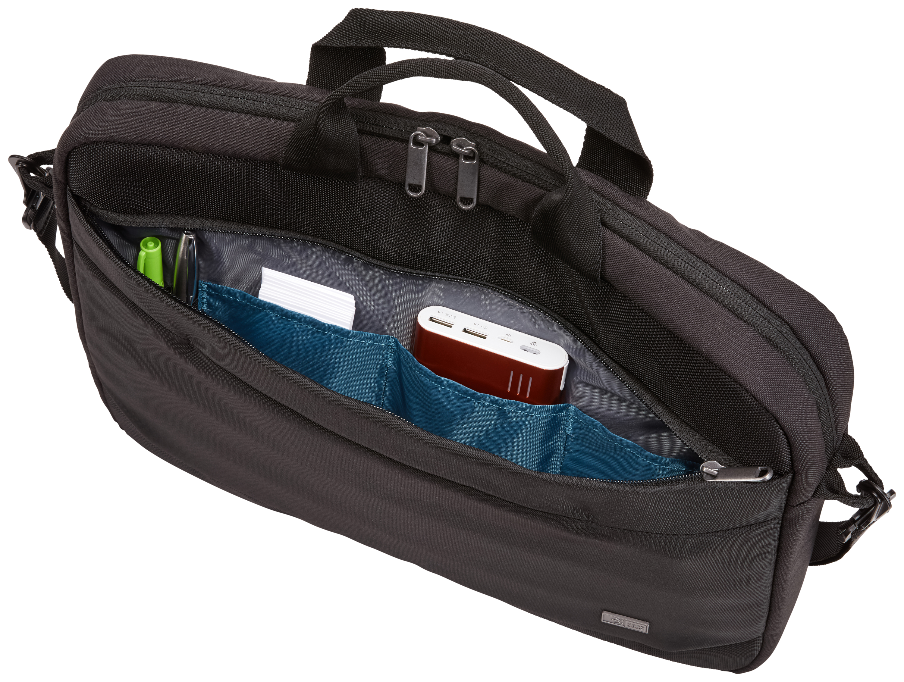 Black laptop bag, open, showing interior pockets and items inside.