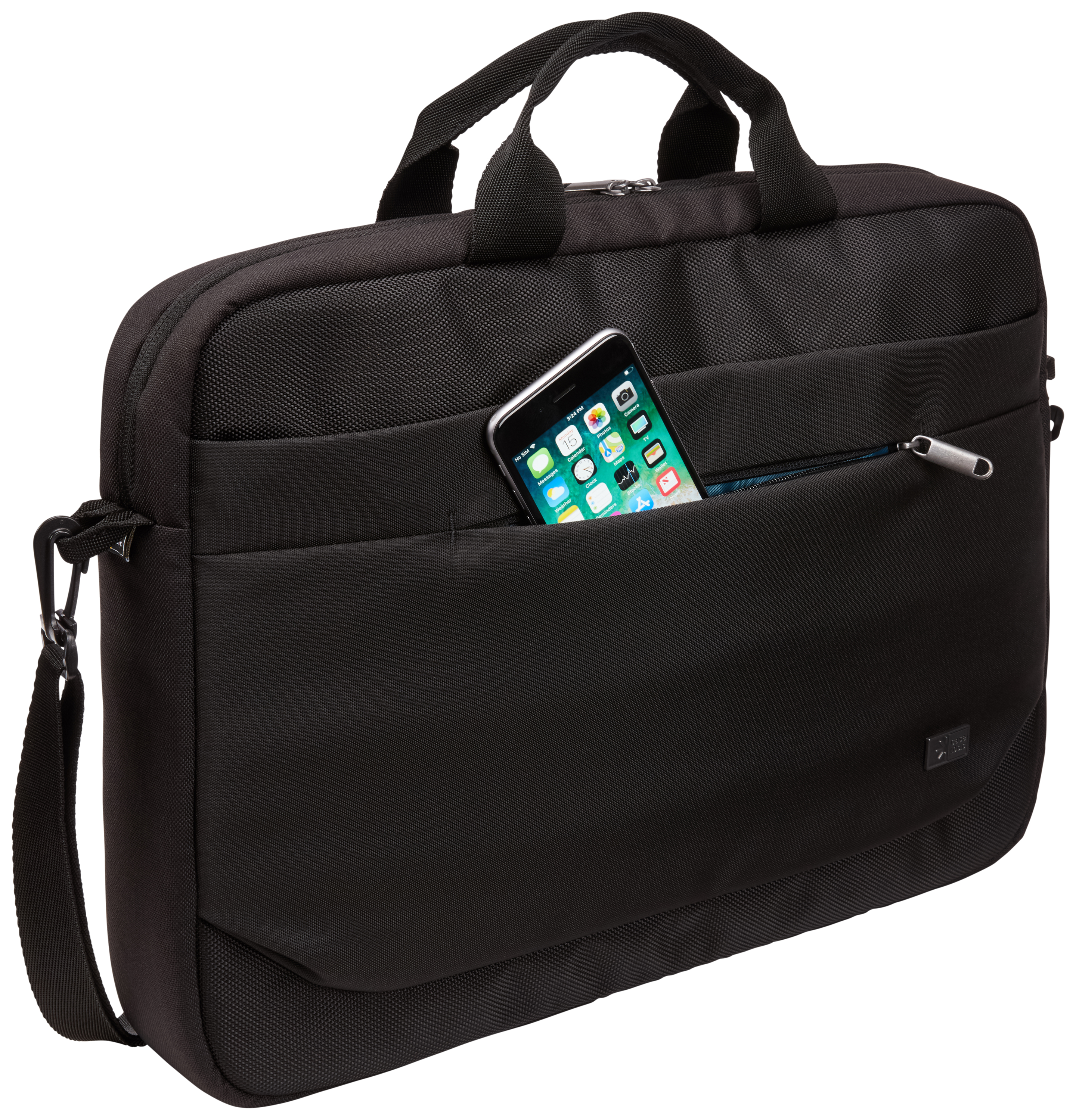 Black laptop bag with a smartphone in the front pocket. The phone is visible.