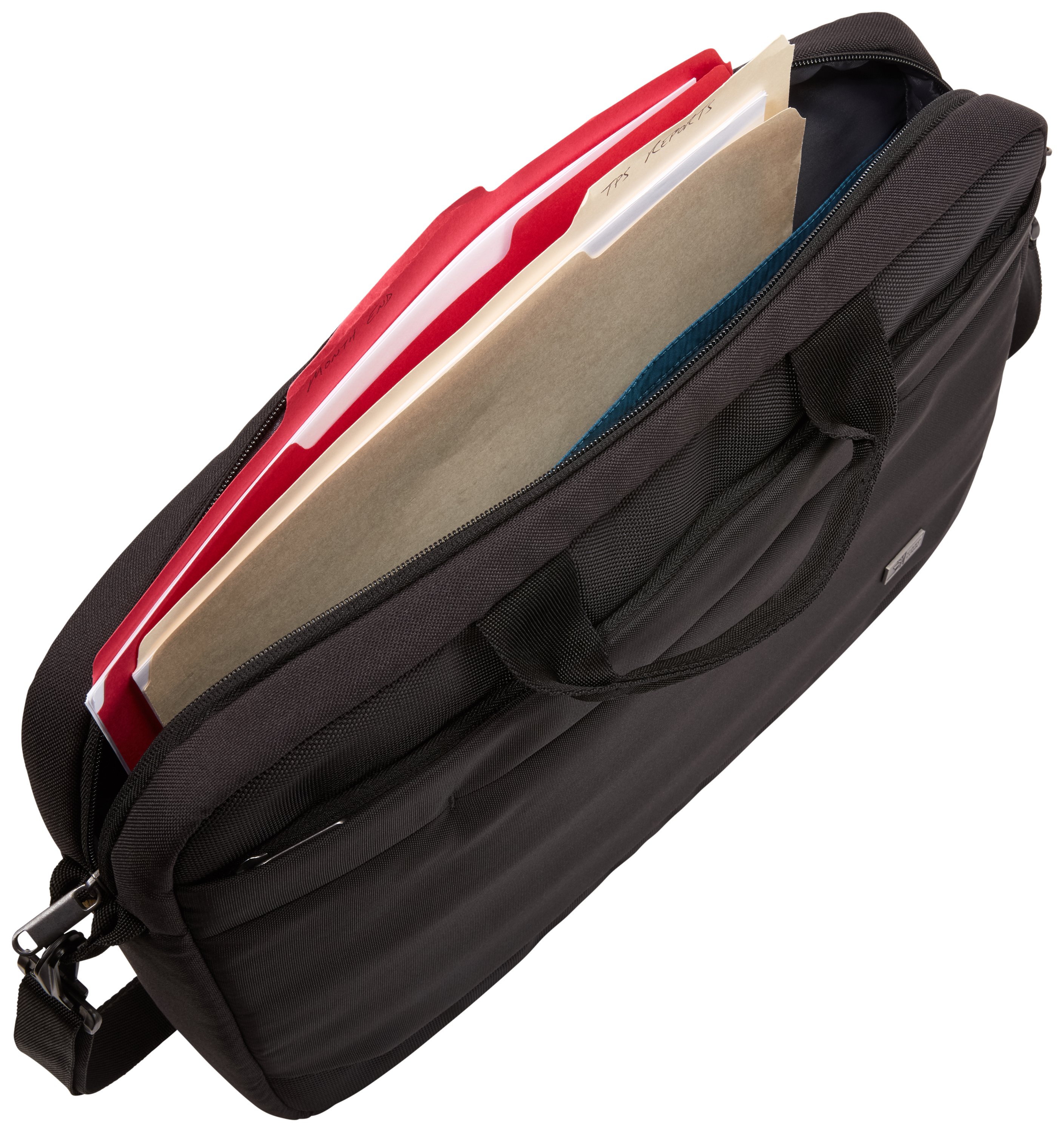 Black briefcase open, showing files with red, beige, and blue folders.
