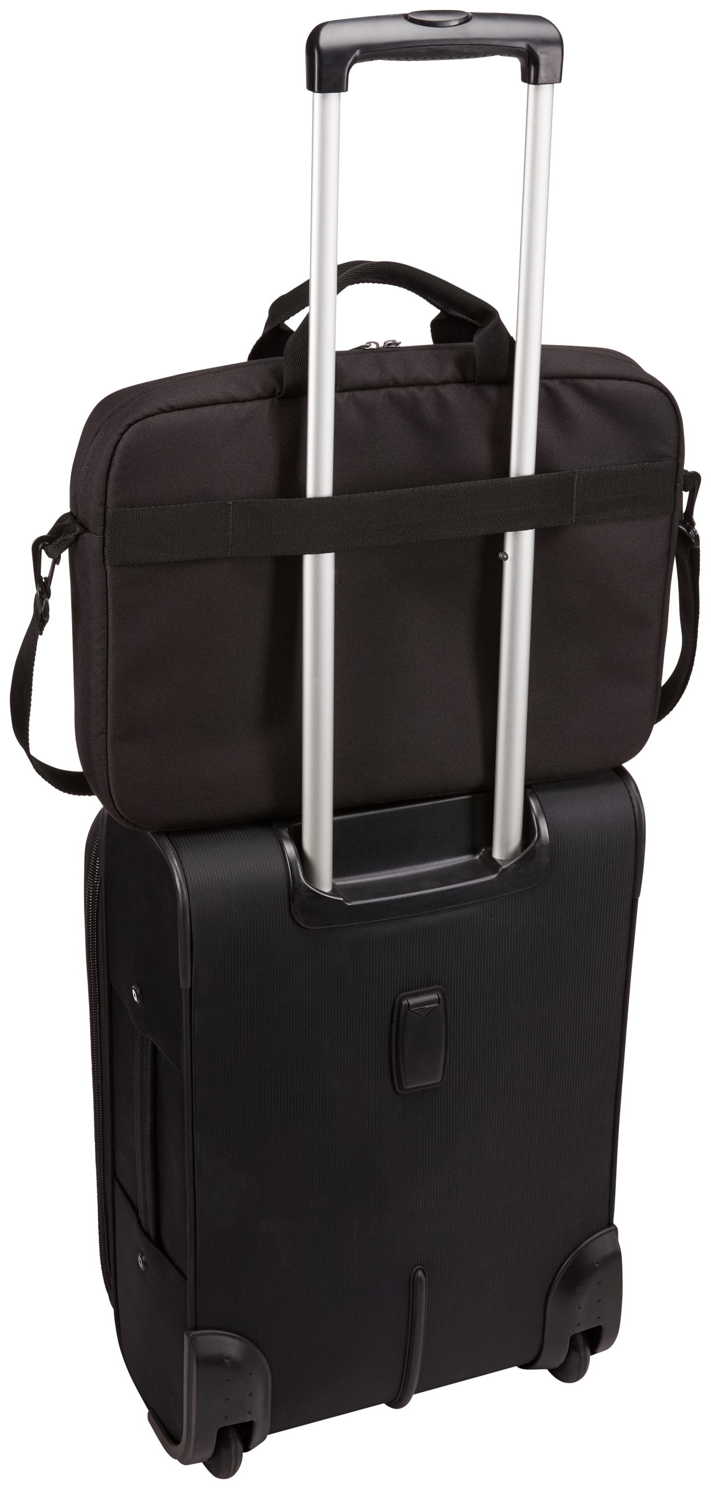 Black suitcase with a black laptop bag on top. The suitcase has a handle.