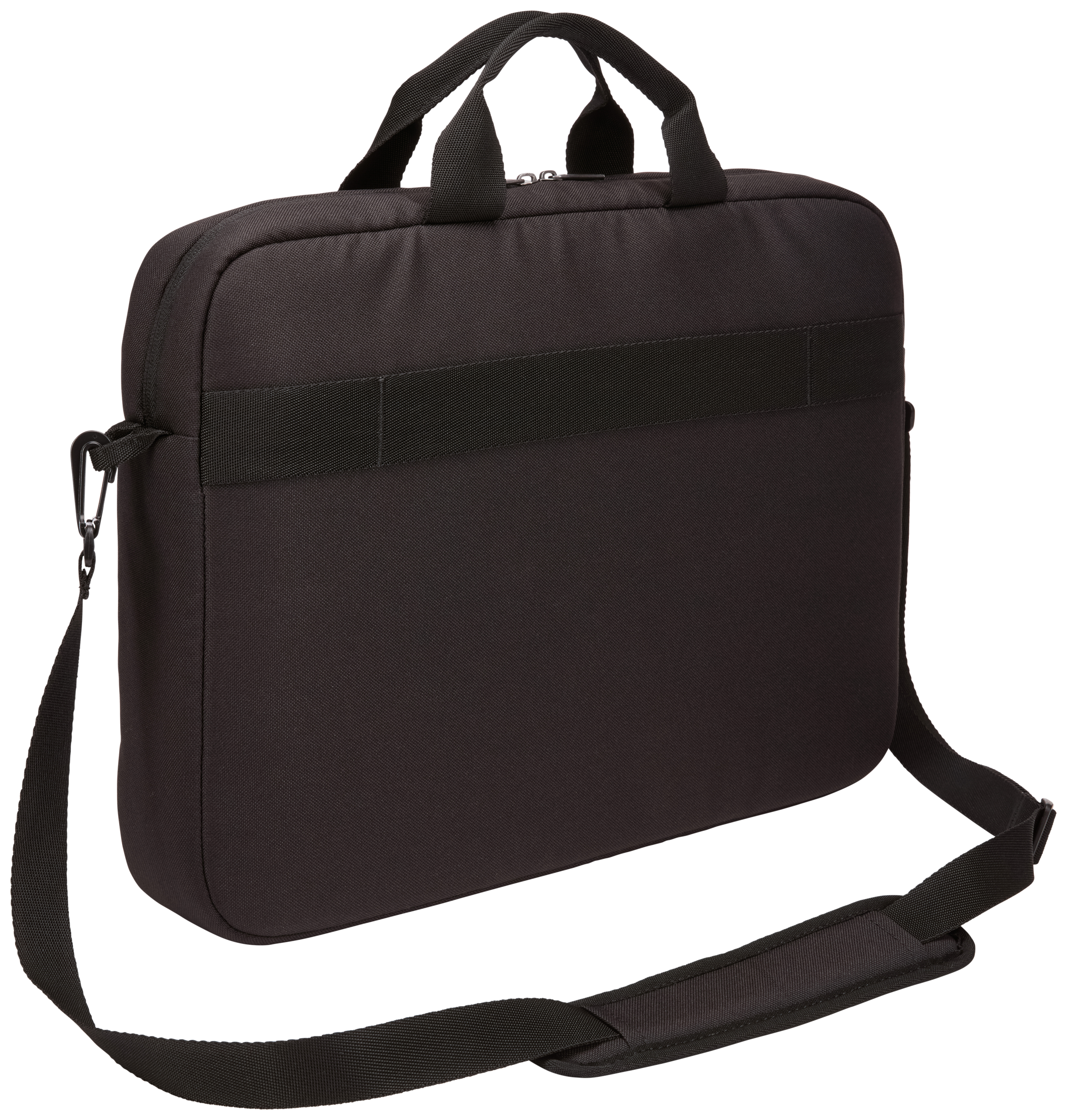 Black briefcase style bag. It has a shoulder strap and a handle. Case Logic brand.