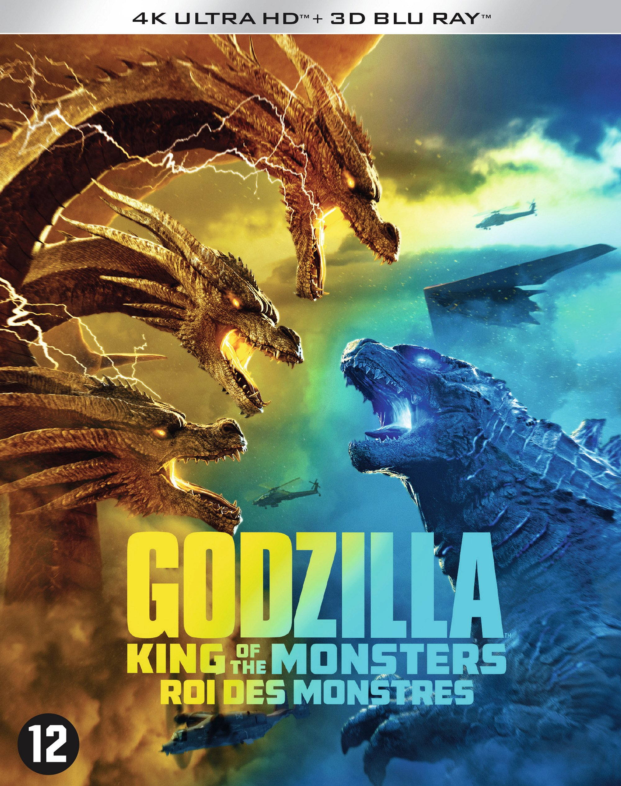 Godzilla vs. King Ghidorah filmcover. Monsters vechten te midden van bliksem en vliegende voertuigen.