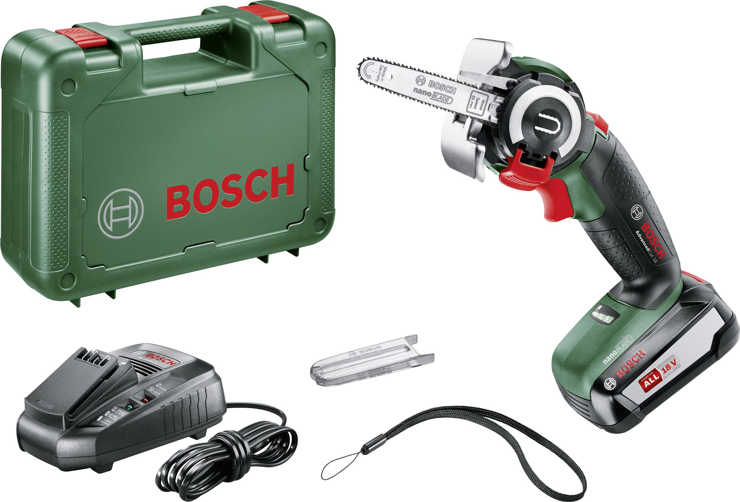 Bosch NanoBlade fűrész készlet. Tartalmazza a fűrészt, a tokot, a töltőt és a tartozékokat. Zöld-fekete színvilág.