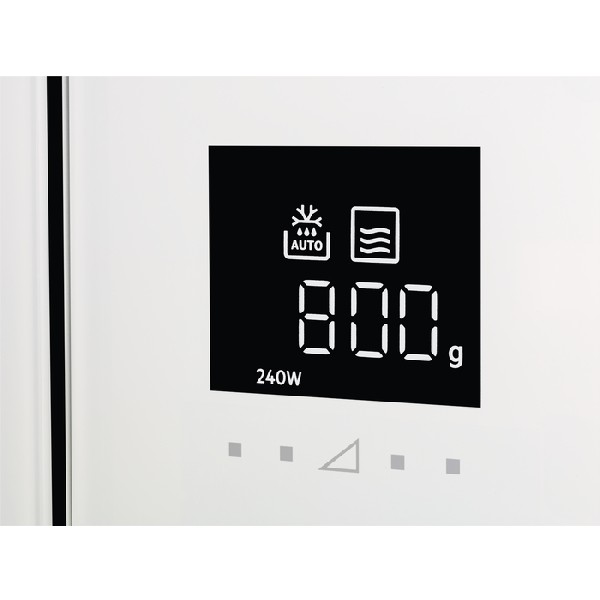 Primer plano de una pantalla digital negra que muestra '800 g', 'AUTO' y '240W'. Fondo blanco con iconos de control.
