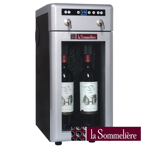 Enfriador de vino con dos botellas. Diseño plateado y negro. Marca La Sommelière.