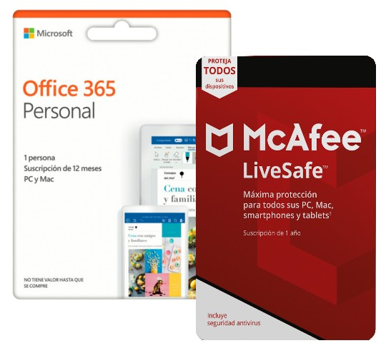 Pack Antivirus Mcafee Live Safe + Office 365 Personal, Suscrip. 1 año, Multidispositivo (Suscripción Digital)