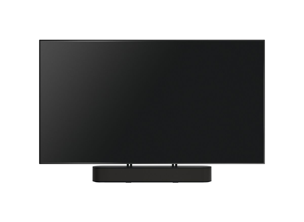 Ein schwarzer Fernseher mit einer Soundbar unten.