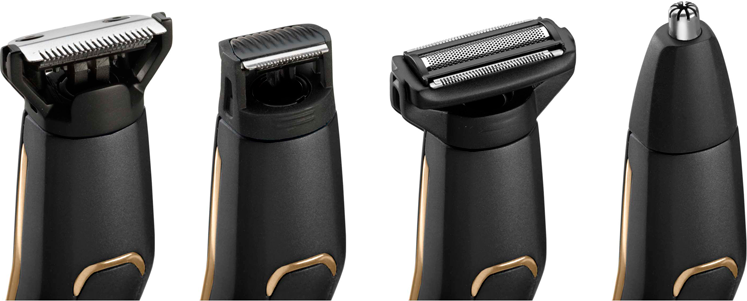Quattro diverse testine per trimmer per strumenti per la cura della persona mostrate.