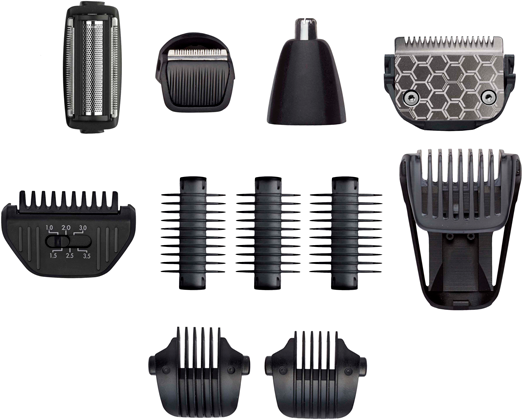 Primo piano di vari accessori neri per trimmer.